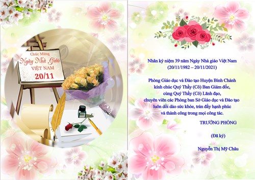 Thiệp chúc mừng Ngày nhà giáo Việt Nam của Trưởng phòng Giáo dục và Đào tạo Huyện Bình Chánh