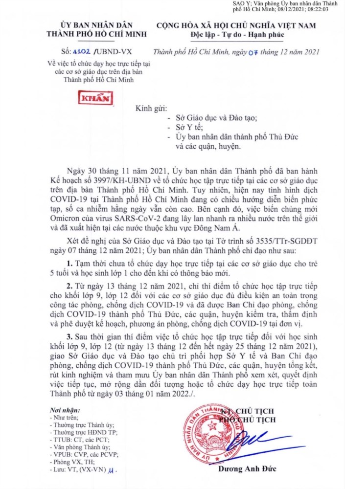 Thông báo khẩn số: 4102/UBND-VX ngày 7 tháng 12 năm 2021 của UBND Thành phố Hồ Chí Minh về việc tố chức dạy học trực tiếp tại các cơ sở giáo dục trên địa bàn Thành phố Hồ Chí Minh.