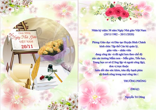 Thiệp chúc mừng Ngày nhà giáo Việt Nam của Trường phòng Giáo dục và Đào tạo Huyện Bình Chánh	