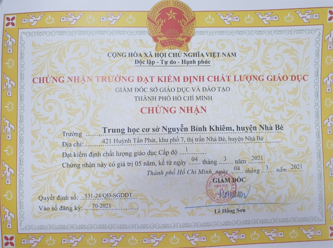 Trường THCS Nguyễn Bỉnh Khiêm đạt kiểm định chất lượng giáo dục mức độ 1