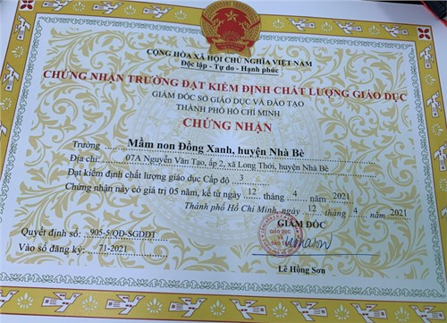 Trường Mầm non Đồng Xanh đạt kiểm định chất lượng giáo dục mức độ 3