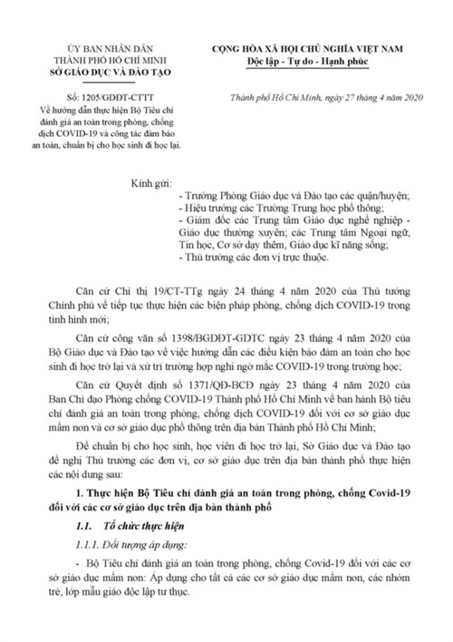 KHẨN - V/V thực hiện Bộ Tiêu chí đánh giá an toàn trong phòng, chống dịch COVID-19 và công tác đảm bảo an toàn, chuẩn bị cho học sinh đi học lại