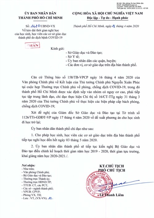 Về kéo dài thời gian nghỉ học của học sinh, học viên các cơ sở giáo dục thành phố do dịch bệnh COVID-19