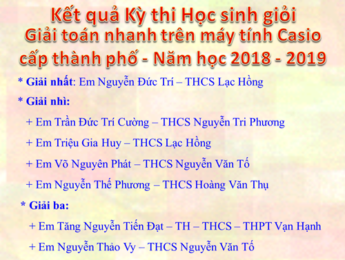 Kết quả Kỳ thi Học sinh giỏi Giải toán nhanh trên máy tính Casio cấp thành phố - Năm học 2018 - 2019