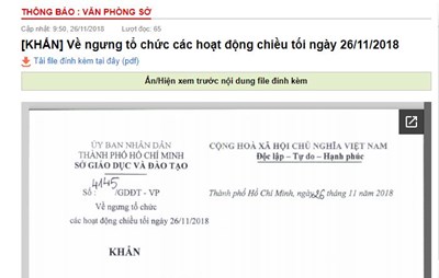 Về ngưng tổ chức các hoạt động chiều tối ngày 26/11/2018