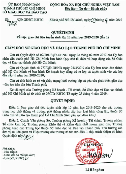 Chỉ tiêu tuyển sinh lớp 10 tphcm năm học 2019-2020