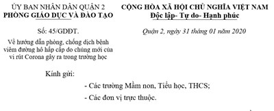 Về hướng dẫn phòng, chống dịch bệnh viêm đường hô hấp cấp do chủng mới của vi rút Corona gây ra trong trường học