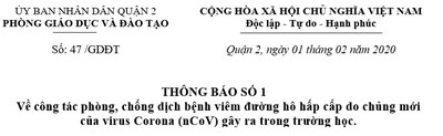 THÔNG BÁO SỐ 1
Về công tác phòng, chống dịch bệnh viêm đường hô hấp cấp do chủng mới của virus Corona (nCoV) gây ra trong trường học.
