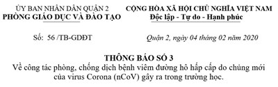 THÔNG BÁO SỐ 3
Về công tác phòng, chống dịch bệnh viêm đường hô hấp cấp do chủng mới
của virus Corona (nCoV) gây ra trong trường học.