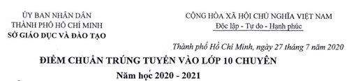 ĐIỂM CHUẨN TRÚNG TUYỂN VÀO LỚP 10 CHUYÊN
Năm học 2020 - 2021
