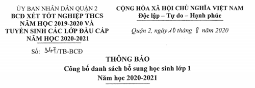 THÔNG BÁO
Công bố danh sách bổ sung học sinh lớp 1 
Năm học 2020 - 2021