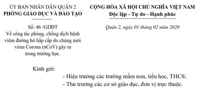 Về công tác phòng, chống dịch bệnh viêm đường hô hấp cấp do chủng mới virus Corona (nCoV) gây ra 
trong trường học.
