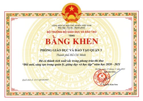 Phòng Giáo dục và Đào tạo Quận 3 vinh dự nhận được Bằng khen của Bộ Giáo dục và Đào tạo về  Đổi mới, sáng tạo trong quản lý, giảng dạy và học tập  năm học 2020-2021