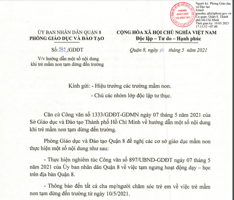 V/v hướng dẫn một số nội dung khi trẻ mầm non tạm dừng đến trường