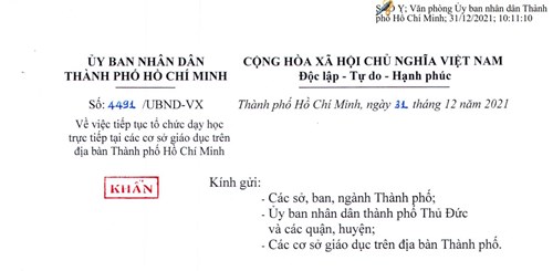Về tiếp tục tổ chức dạy học trực tiếp tại các cơ sở giáo dục trên địa bàn Thành phố Hồ Chí Minh
