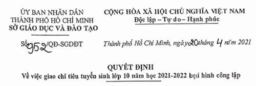 Quyết định
về việc giao chỉ tiêu tuyển sinh 10 năm học 2021-2022 loại hình công lập