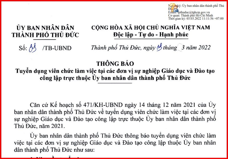 Tuyển dụng viên chức làm việc tại các đơn vị sự nghiệp Giáo dục và Đào tạo công lập trực thuộc Ủy ban nhân dân thành phố Thủ Đức
