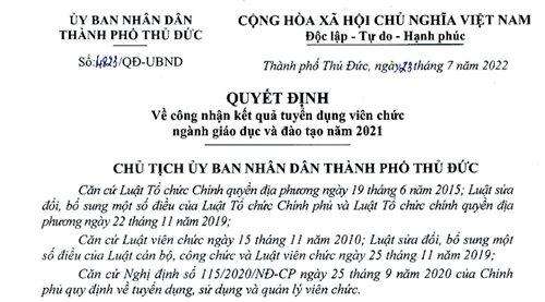 QUYẾT ĐỊNH
về công nhận tuyển dụng viên chức ngành giáo dục và đào tạo năm 2021