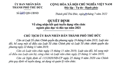 QUYẾT ĐỊNH
về công nhận tuyển dụng viên chức ngành giáo dục và đào tạo năm 2021