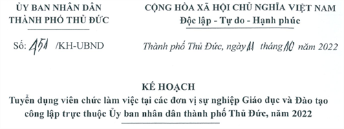KẾ HOẠCH 
Tuyển dụng viên chức làm việc tại các đơn vị sự nghiệp Giáo dục và Đào tạo công lập trực thuộc Uỷ ban nhân dân thành phố Thủ Đức, năm 2022