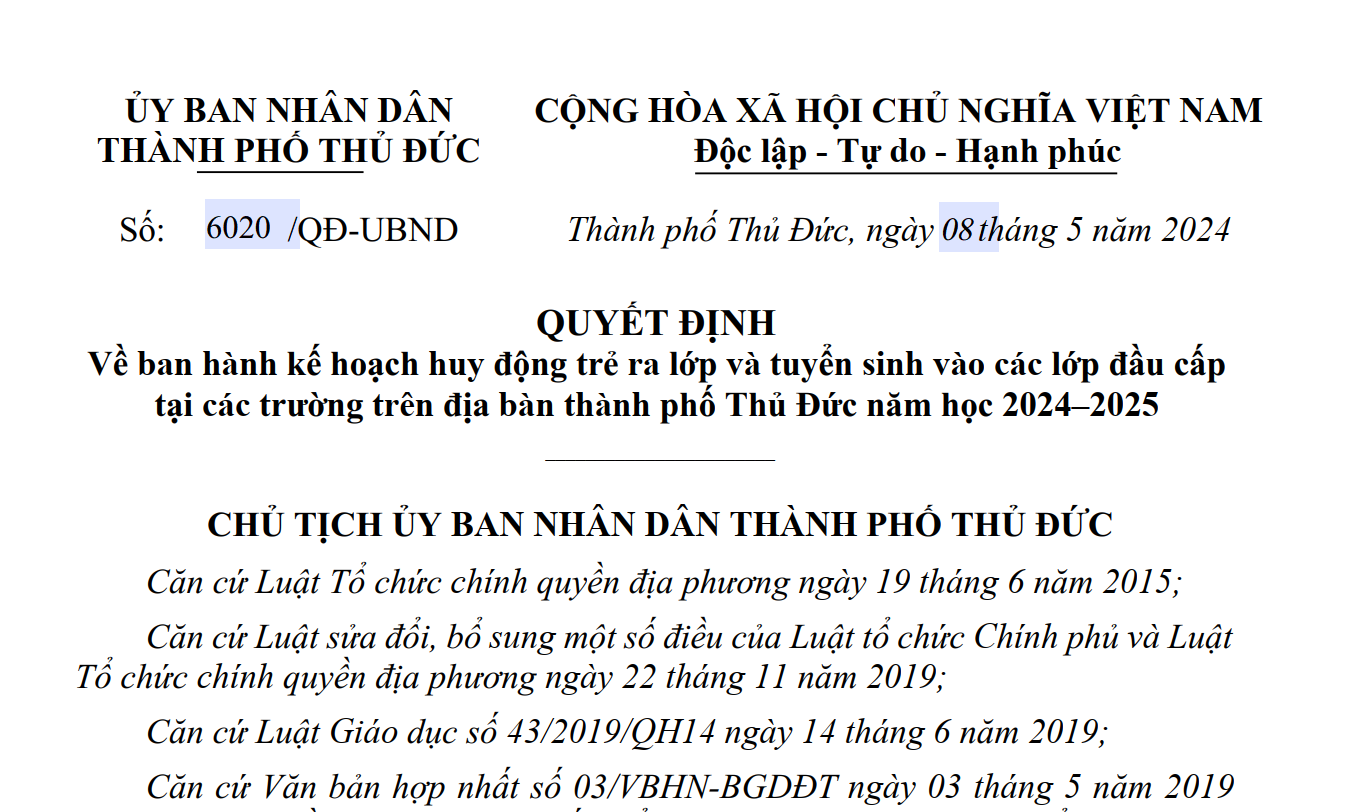 Về ban hành kế hoạch huy động trẻ ra lớp và tuyển sinh vào các lớp đầu cấp
tại các trường trên địa bàn thành phố Thủ Đức năm học 2024–2025