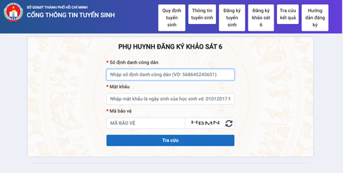 Hướng dẫn PHHS đăng ký khảo sát tuyển sinh vào lớp 6
Tra cứu kết quả tuyển sinh trục tuyến qua hệ thống tuyển sinh đầu cấp